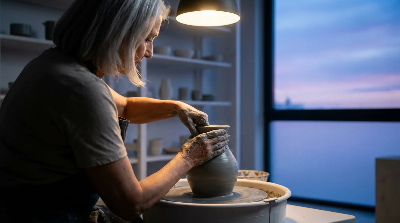 Over-the-shoulder view of a woman's hands shaping clay on a potter's wheel at dusk.
