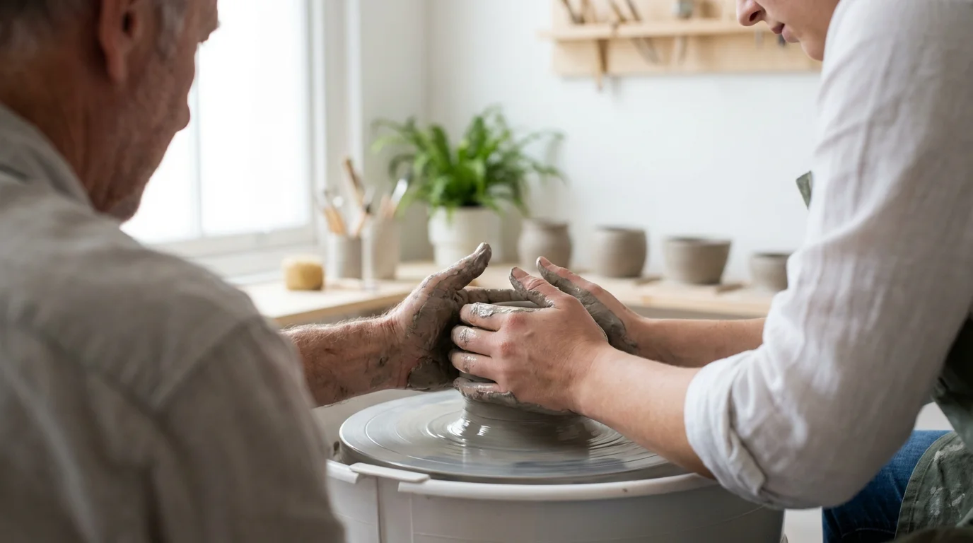 Over-the-shoulder view of an instructor guiding a student's hands on a pottery wheel.