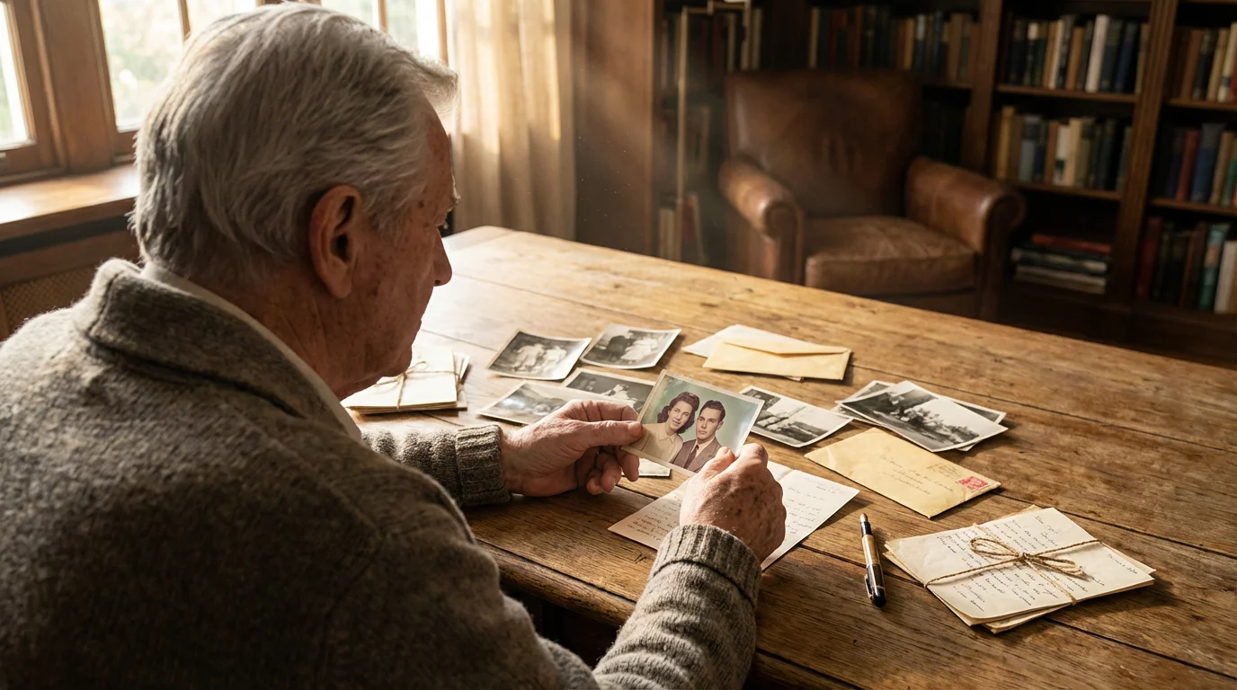 Over-the-shoulder view of an older man organizing old photos and letters on a table.