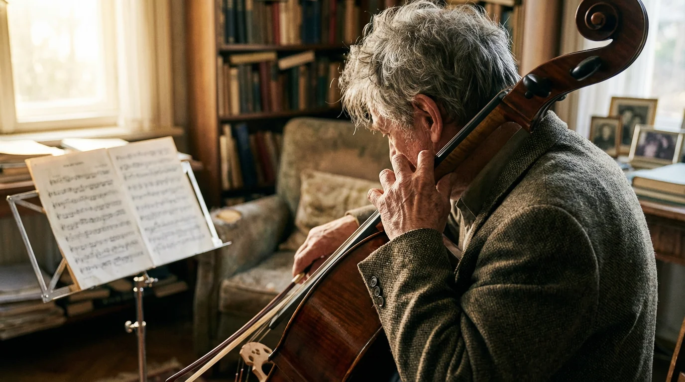 Over-the-shoulder view of an older man practicing the cello in soft morning light.