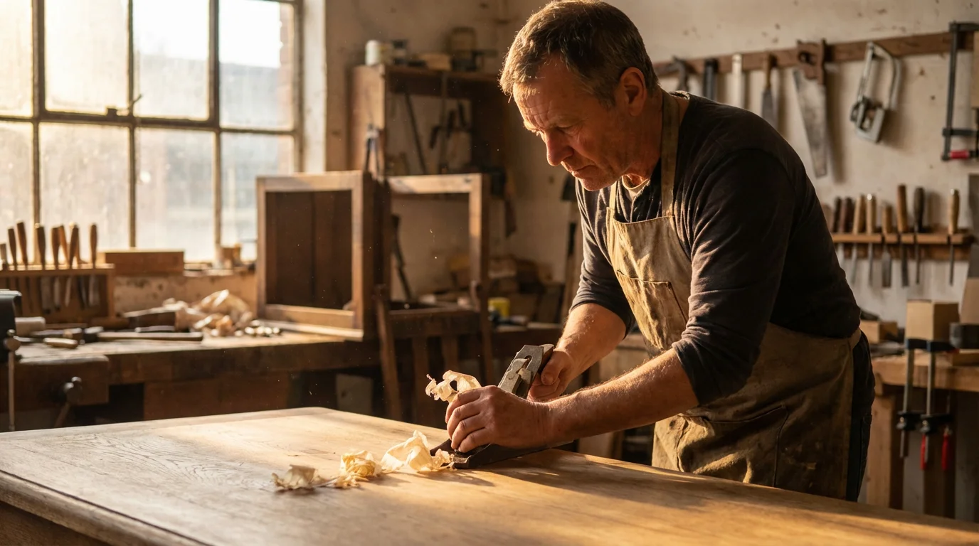 Over-the-shoulder view of an older man restoring antique wooden furniture in his workshop.