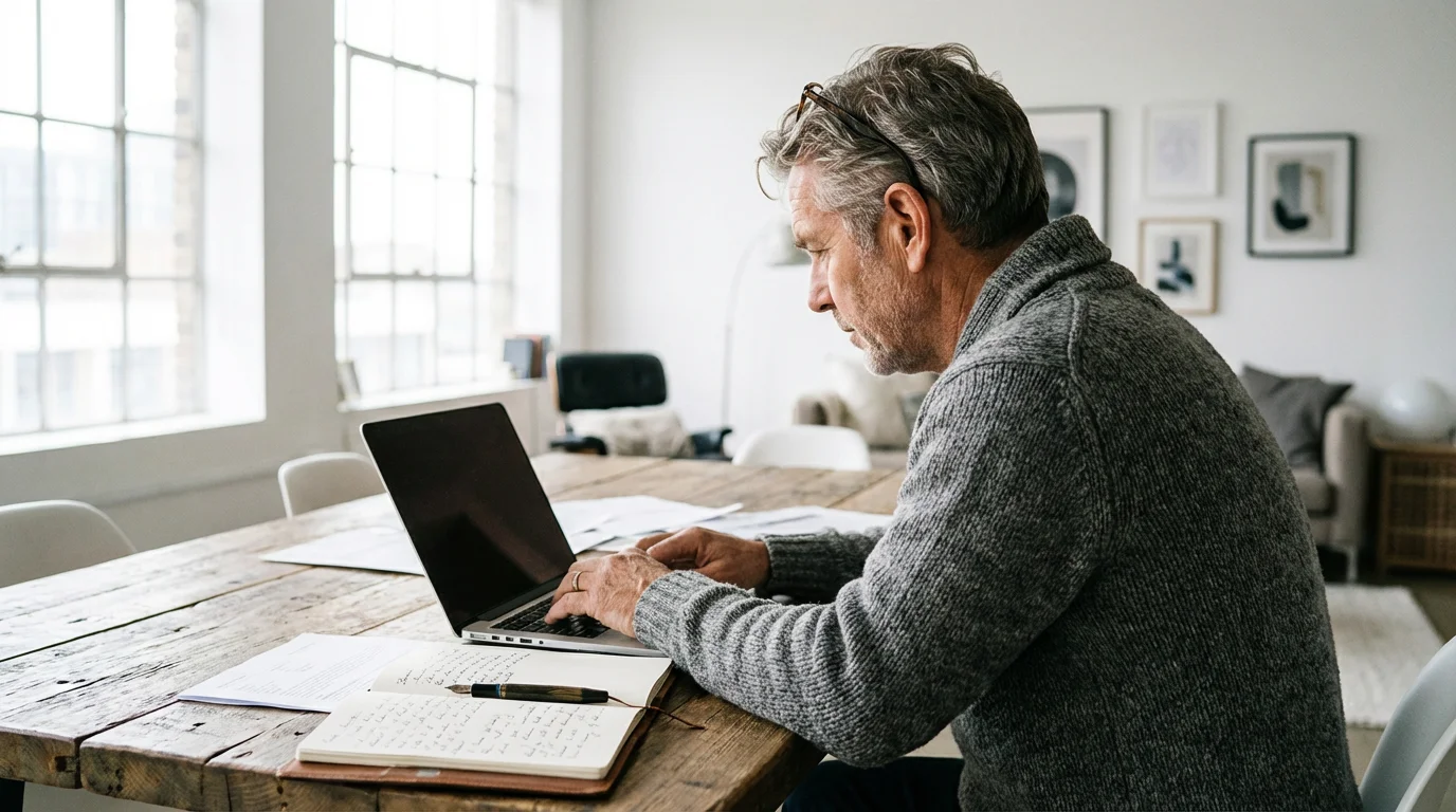 Over-the-shoulder view of an older man typing on a laptop at a wooden table.
