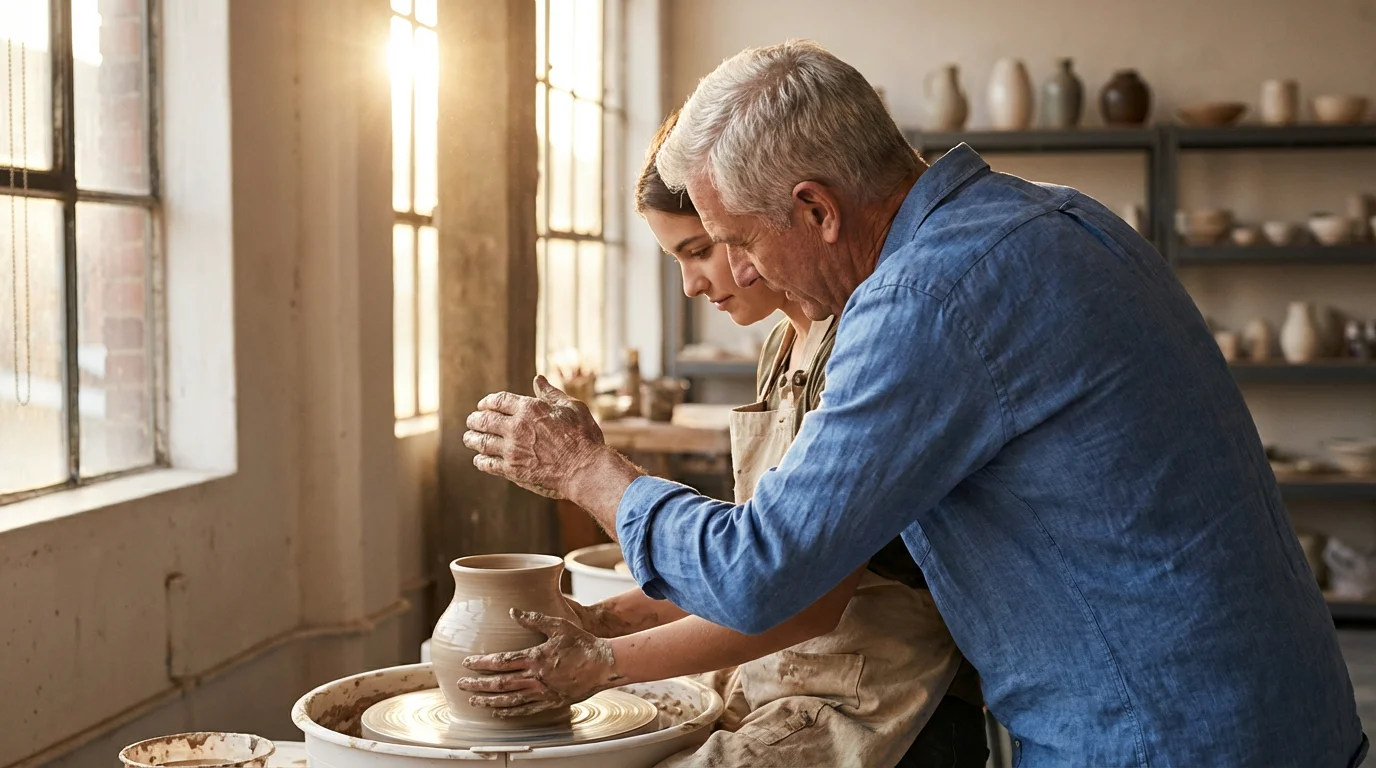 Over-the-shoulder view of an older man teaching a younger person pottery during golden hour.