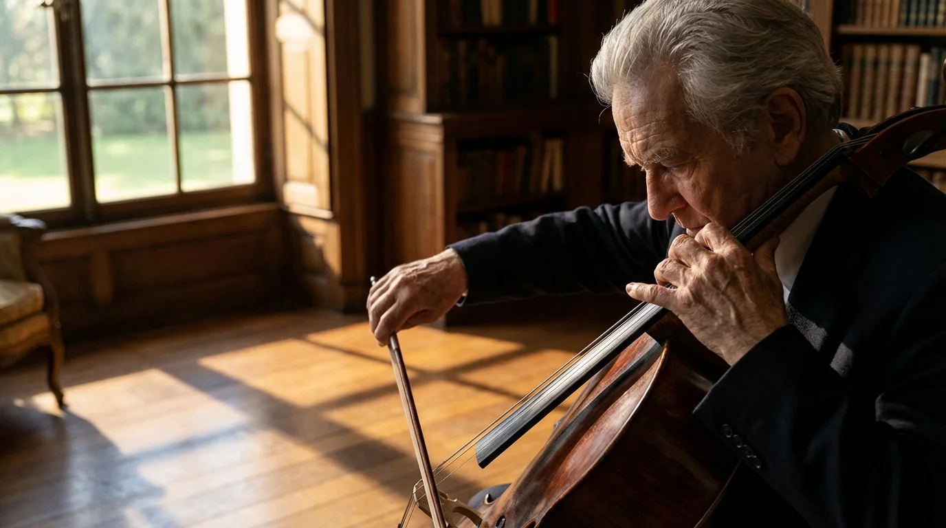 Over-the-shoulder view of an older man's hands as he learns to play cello.