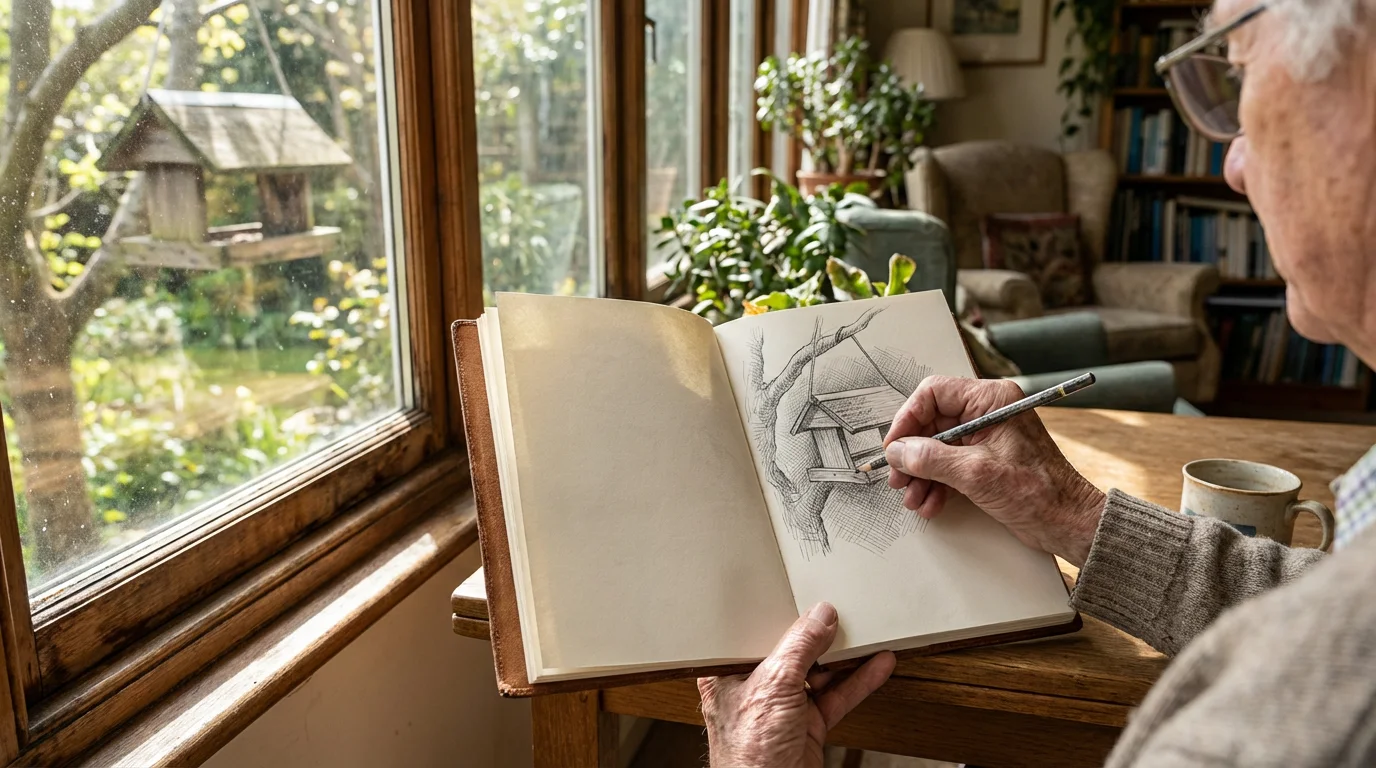 Over-the-shoulder view of an older person sketching a bird feeder seen through a window.