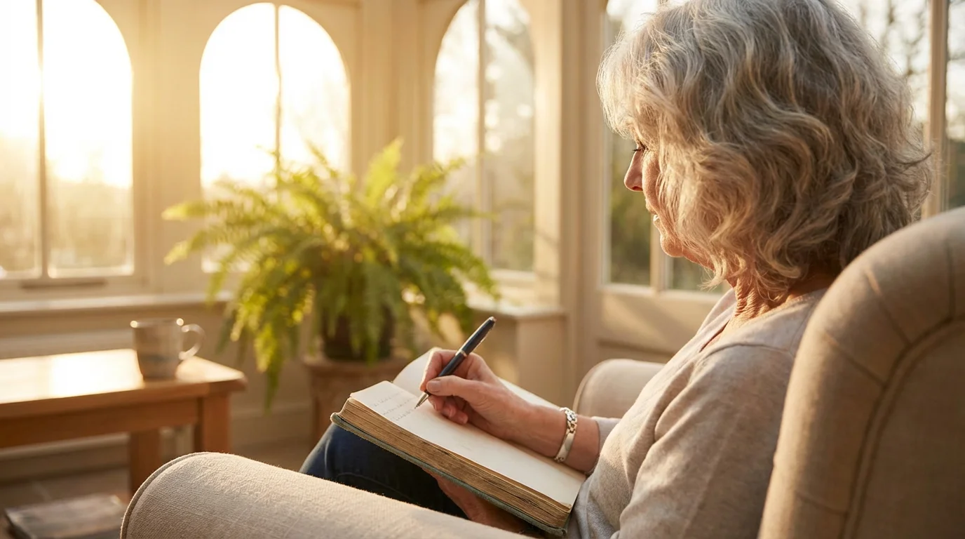 Over-the-shoulder view of an older woman journaling in a sunlit room during golden hour.