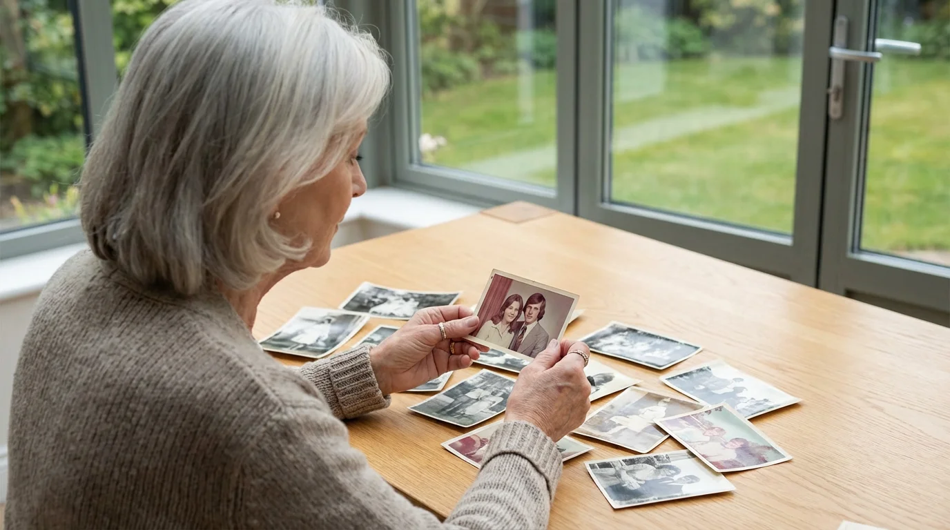 Over-the-shoulder view of an older woman looking at old photographs on a table.