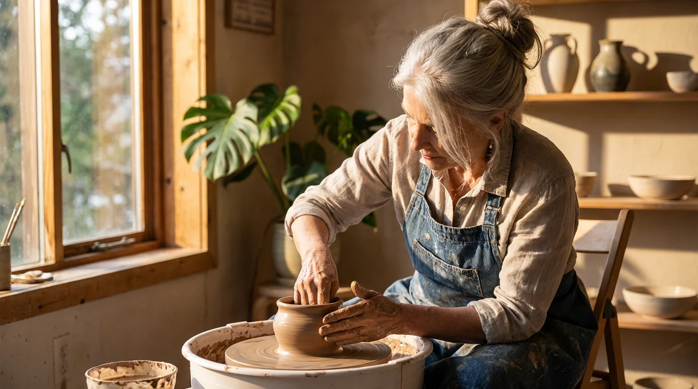 Over-the-shoulder view of an older woman shaping a wet clay pot on a wheel.