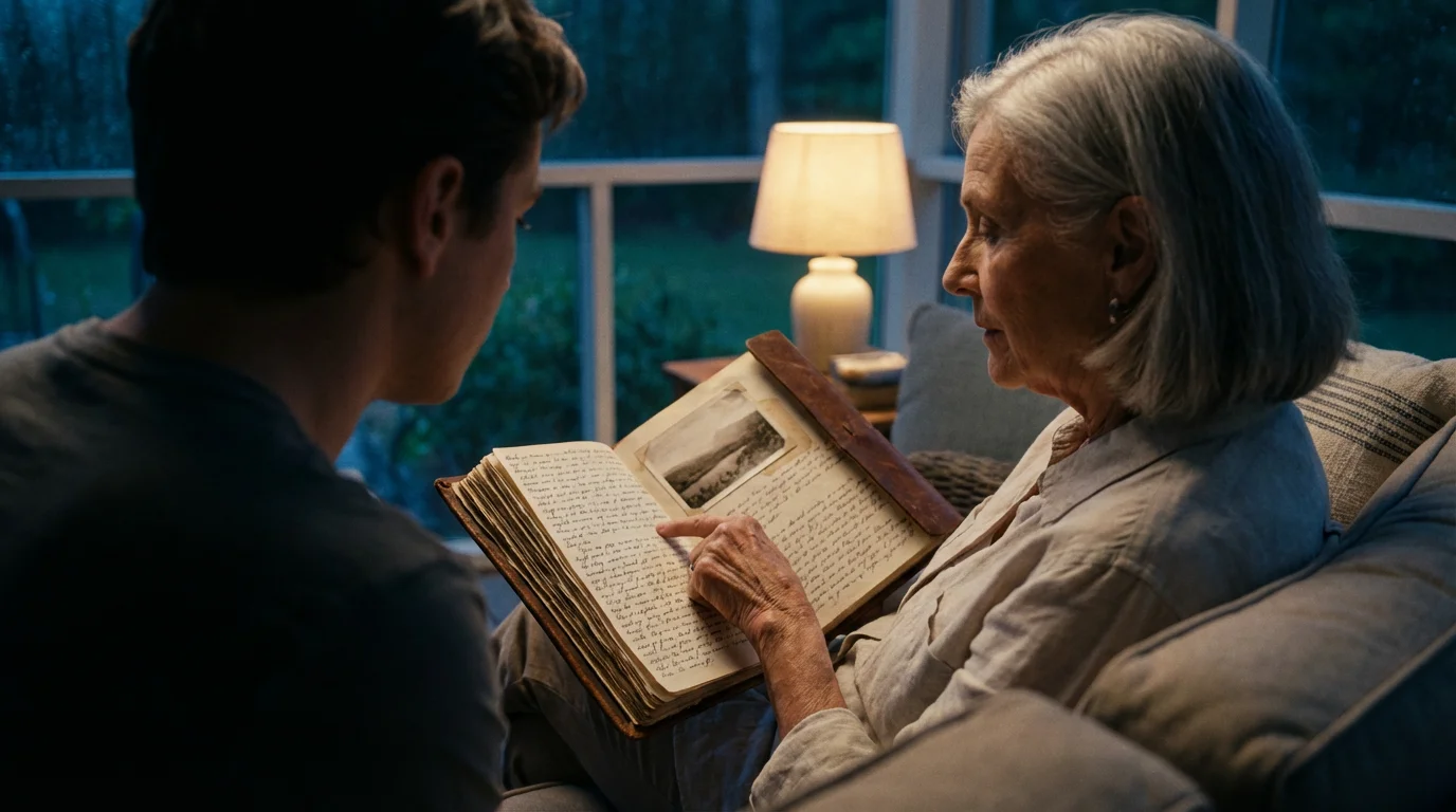 Over-the-shoulder view of an older woman sharing a handwritten journal with a young person.