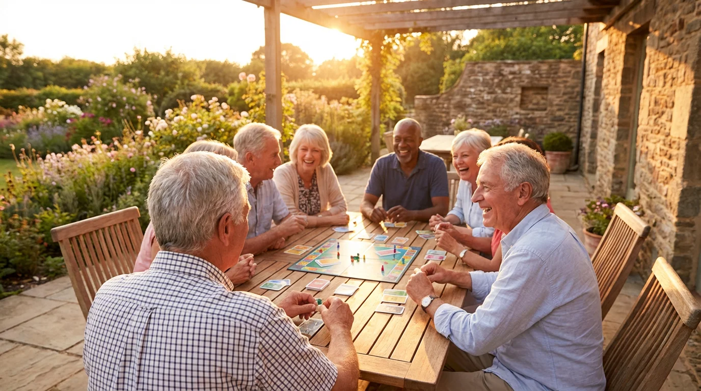 Over-the-shoulder view of diverse seniors playing a board game outdoors during a warm sunset.