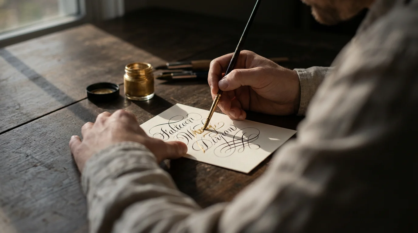 Over-the-shoulder view of hands applying gold ink calligraphy to a handmade greeting card.