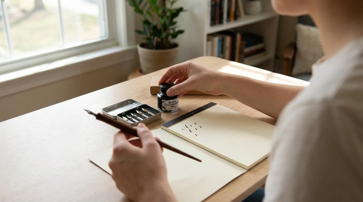 Over-the-shoulder view of hands arranging a beginner calligraphy set on a sunlit wooden desk.