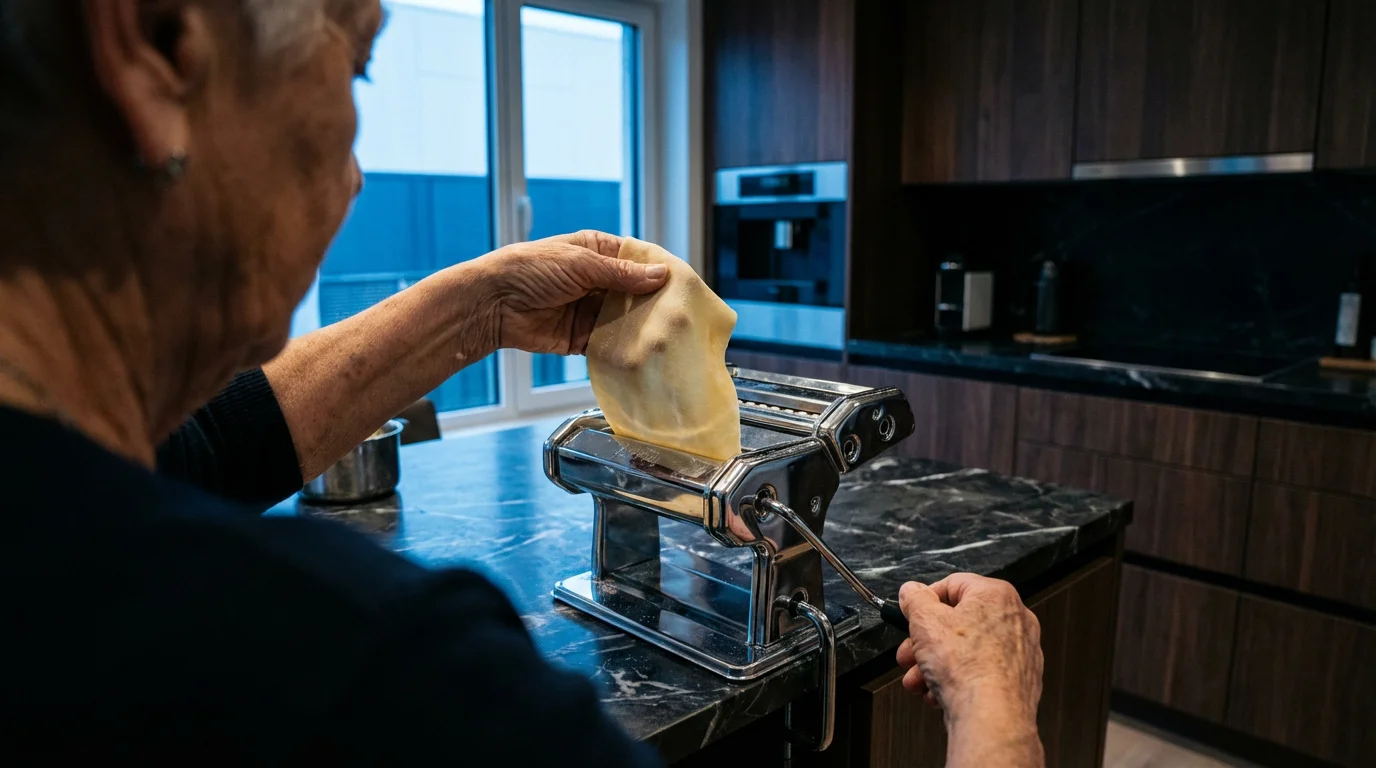 Over-the-shoulder view of hands feeding fresh dough into a pasta maker at dusk.