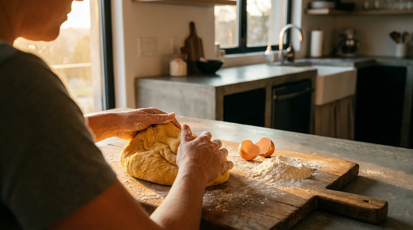 Over-the-shoulder view of hands kneading fresh pasta dough during golden hour in a kitchen.