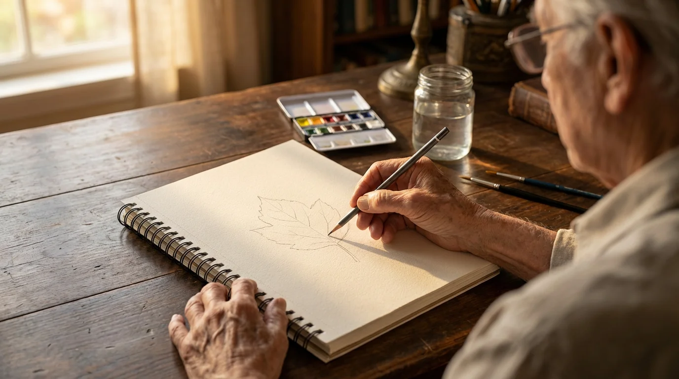 Over-the-shoulder view of hands sketching a botanical illustration beside a watercolor paint set.