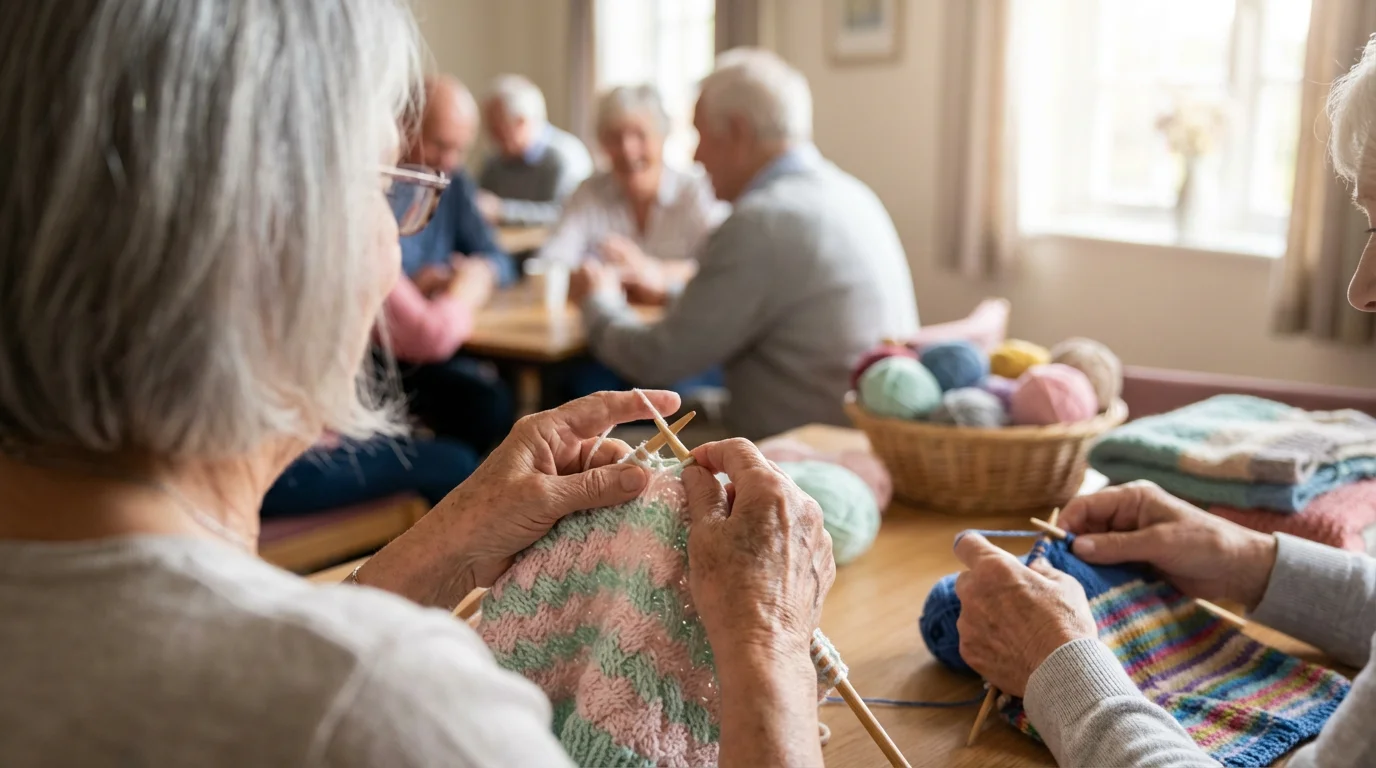 Over-the-shoulder view of seniors knitting colorful blankets together in a sunlit community room.