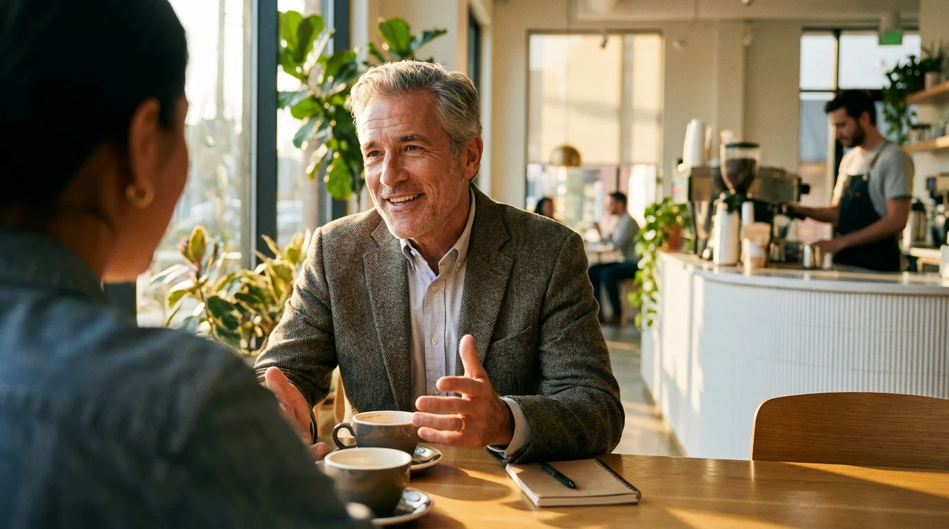 Over-the-shoulder view of two professionals networking in a sunlit cafe during golden hour.