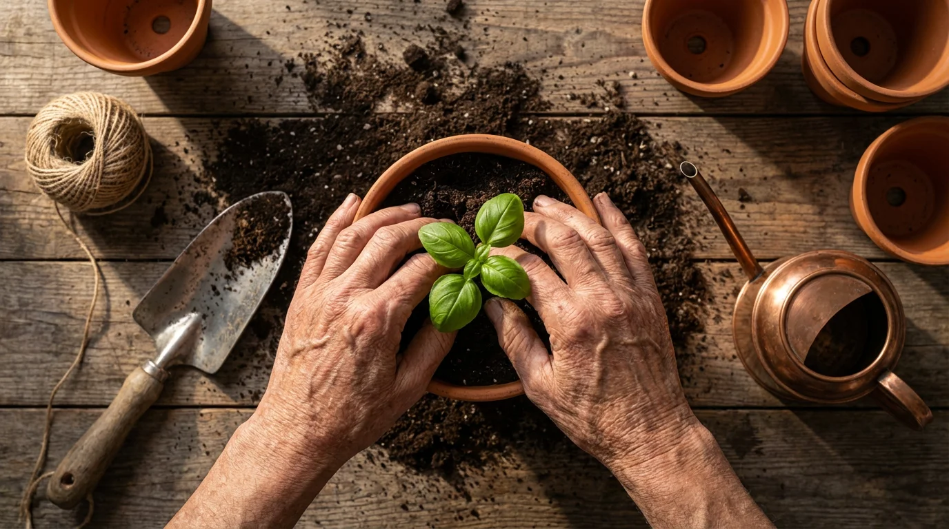 Overhead flat lay photo of senior hands planting a small seedling into a pot.
