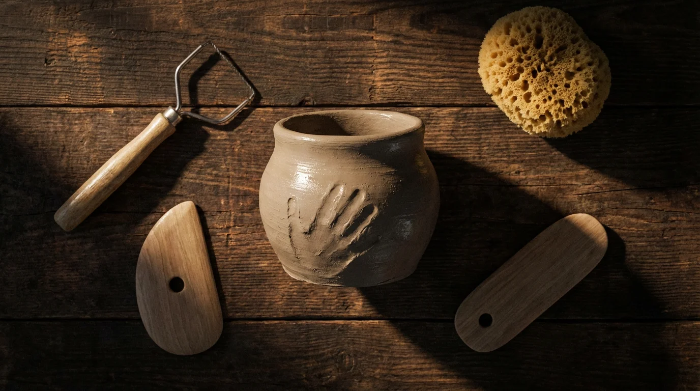 Overhead view of an unfinished clay pot and pottery tools with long afternoon shadows.