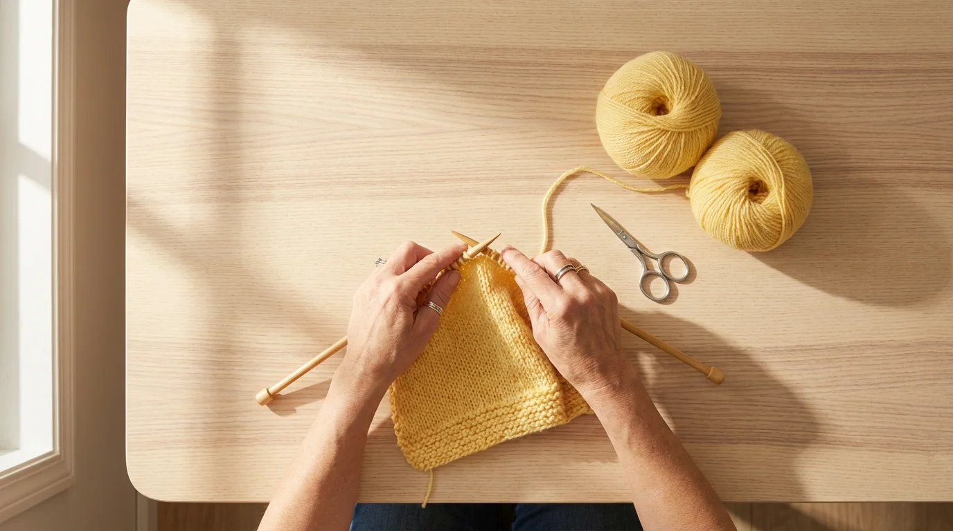 Overhead view of mature hands knitting a soft yellow blanket on a sunlit table.