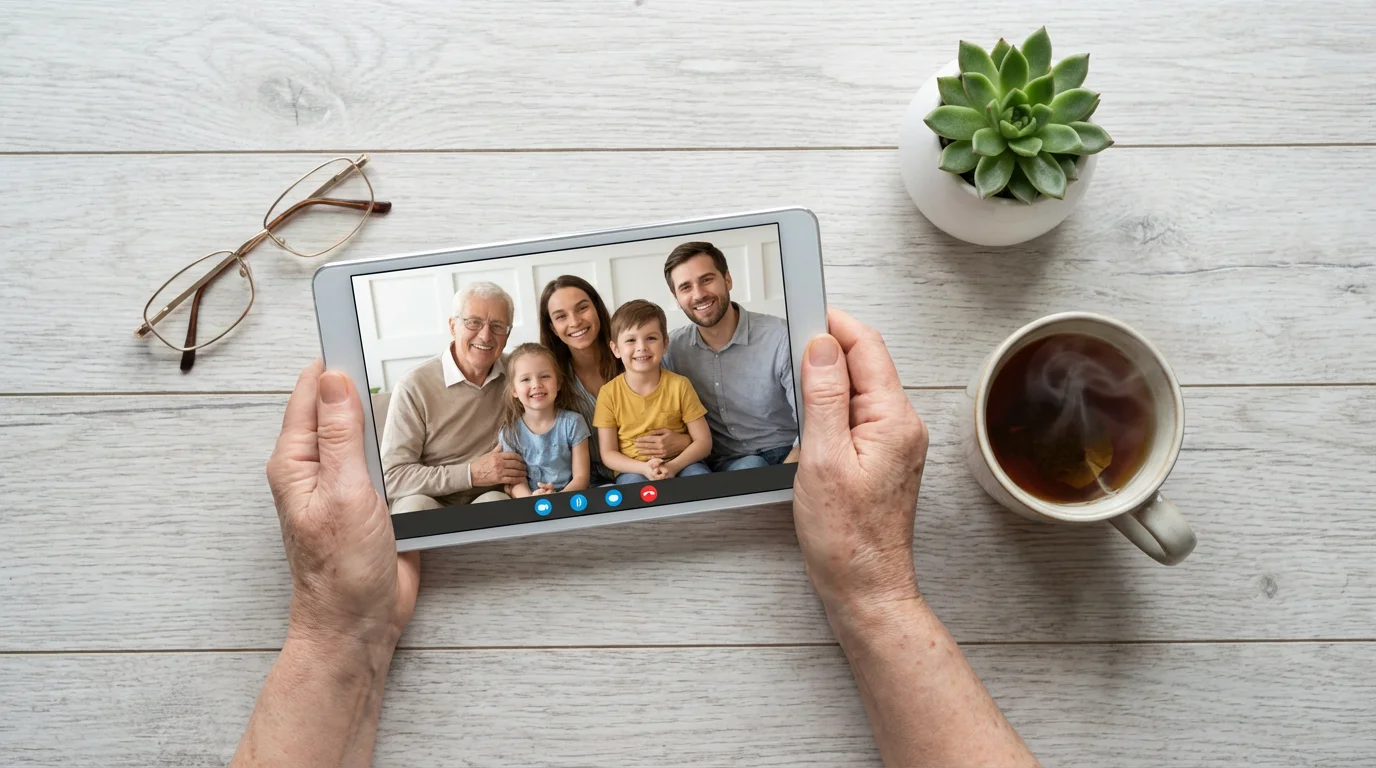 Overhead view of senior hands holding a tablet during a family video call.
