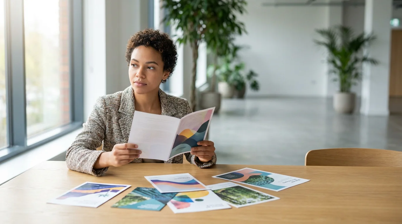 Person thoughtfully considers different volunteer organization flyers spread on a table in natural light.
