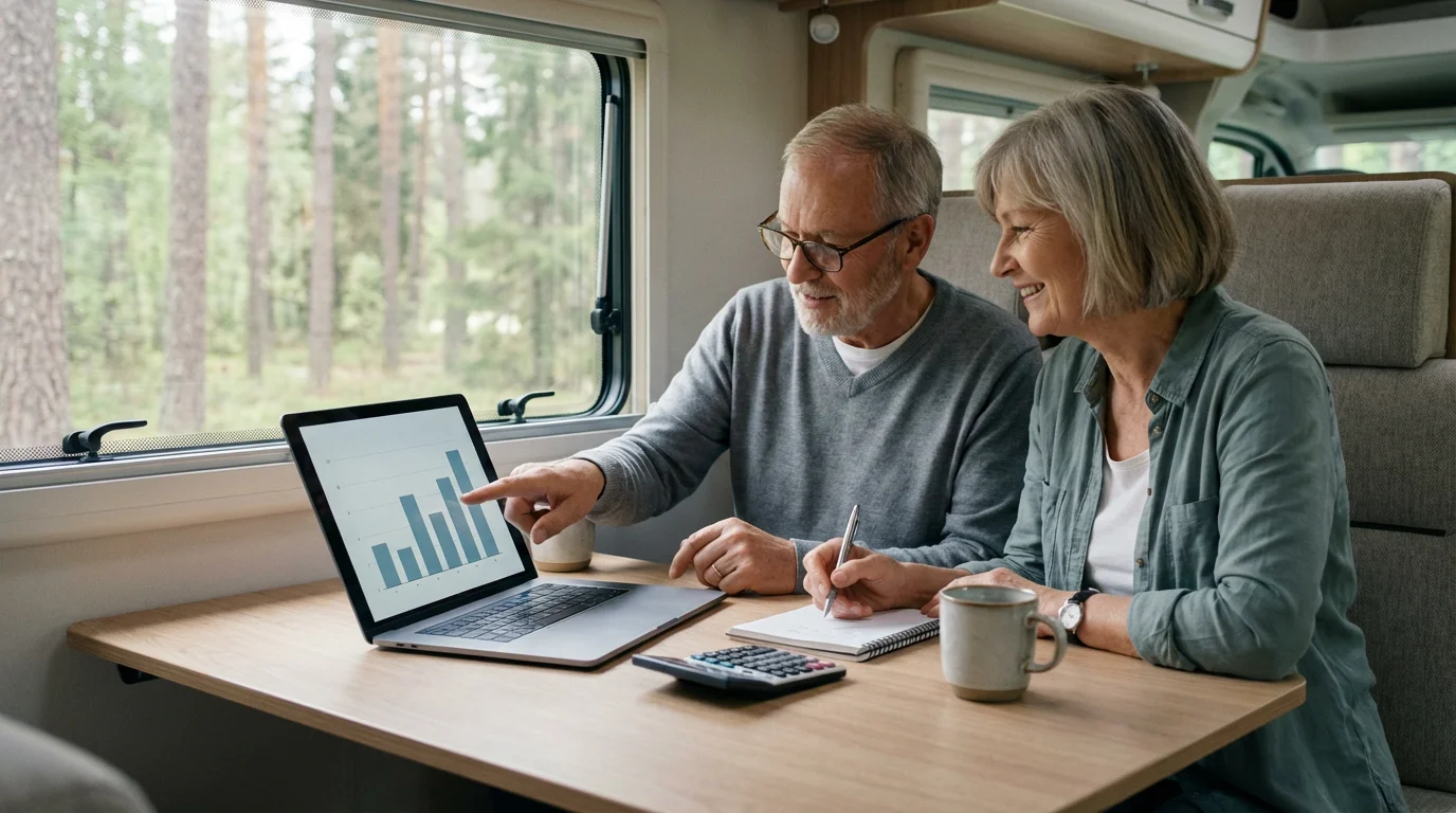 Retired couple at a table inside their RV, budgeting with a laptop and notebook.