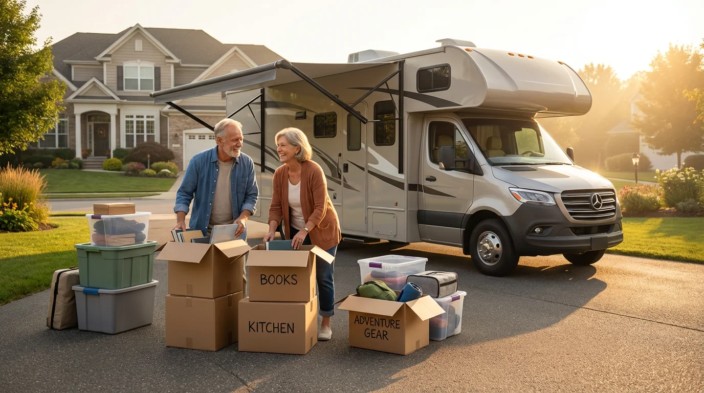 Retired couple sorting boxes in a driveway with their motorhome, preparing for RV life.