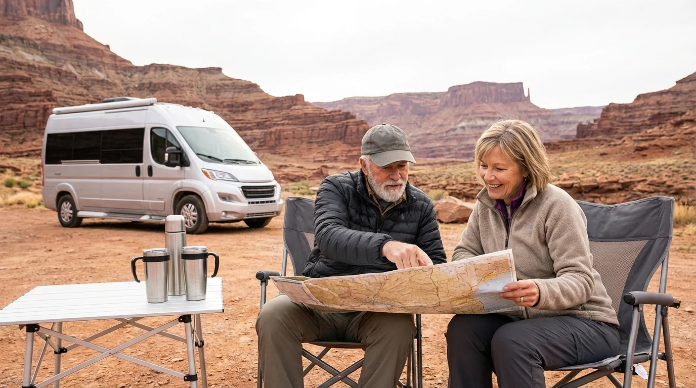 Retired couple with a map and camper van enjoying a scenic desert canyon view.