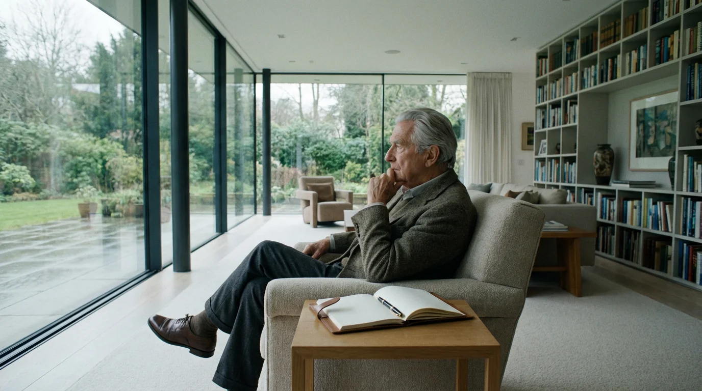 Retired man looking out a window, taking a break from his blank journal.