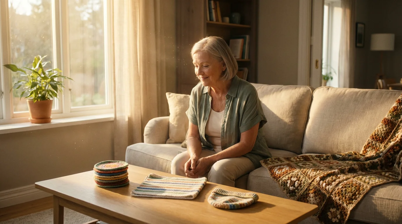 Retired woman in a sunlit living room displaying her simple, colorful handmade crochet projects.