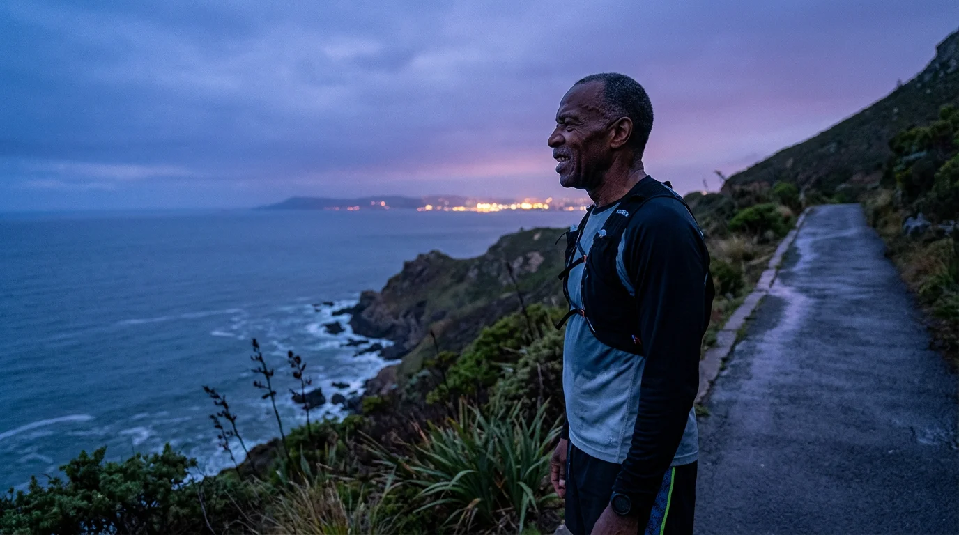 Senior Black man in athletic gear on a coastal path at twilight looking accomplished.