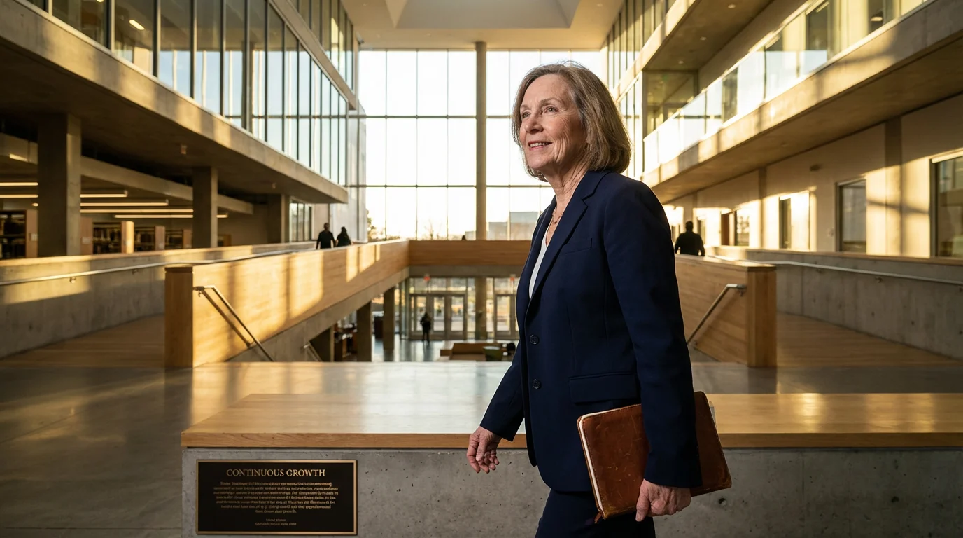 Senior consultant woman walks through a modern, sunlit atrium, symbolizing continuous personal growth.
