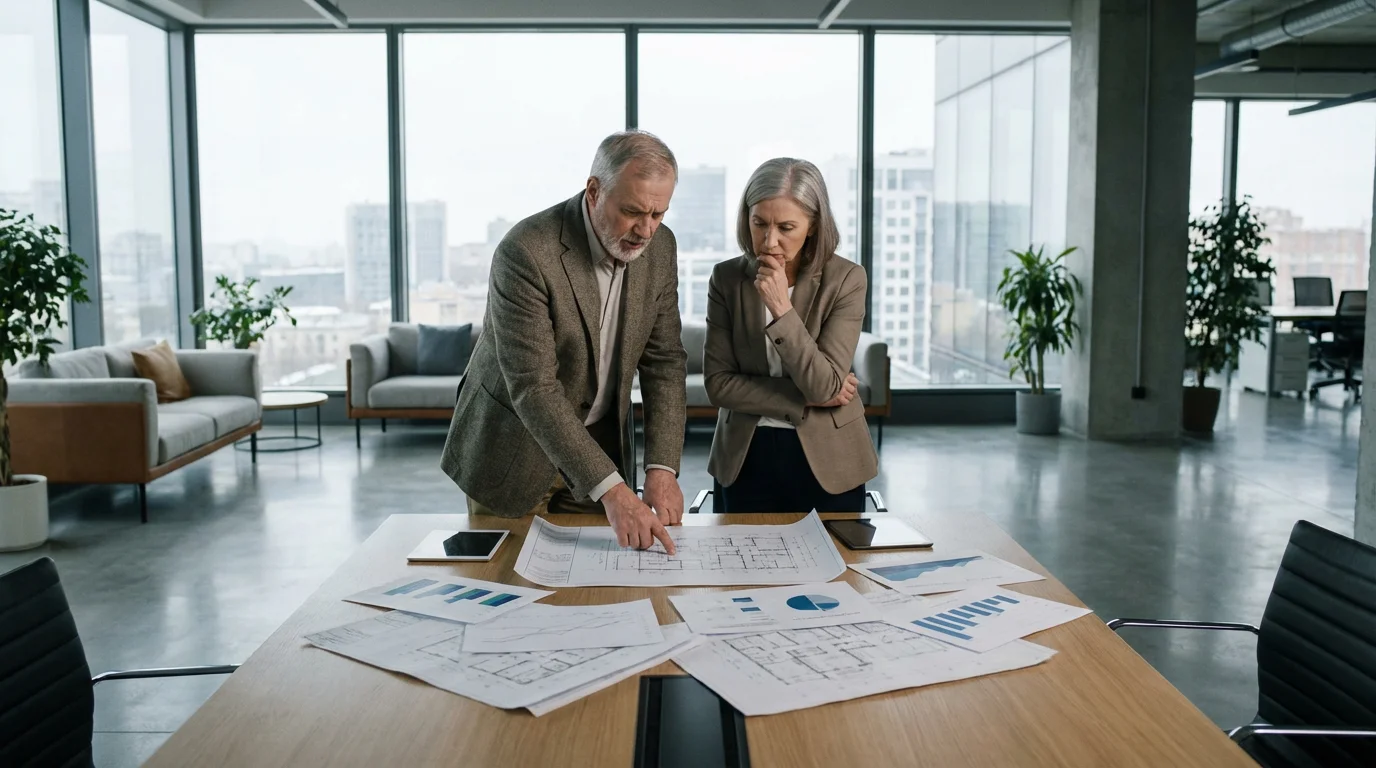 Senior couple in a modern office looking thoughtfully at disorganized business blueprints on a table.