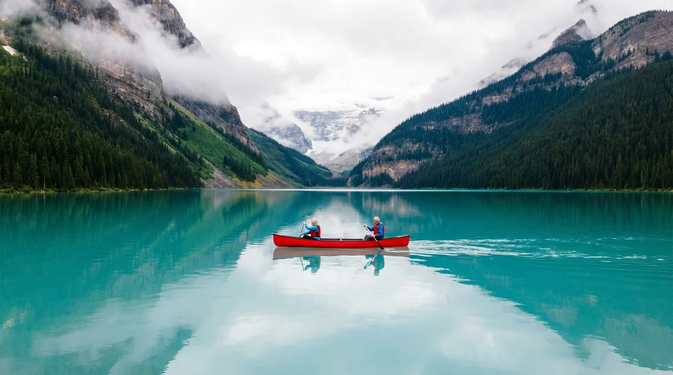 Senior couple in a red canoe on a vast, tranquil mountain lake.