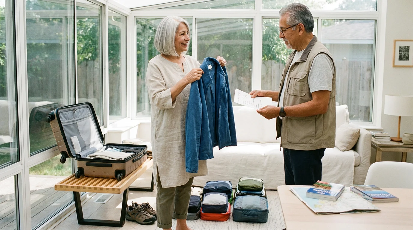Senior couple in a sunlit room organizing clothes into a suitcase for travel.