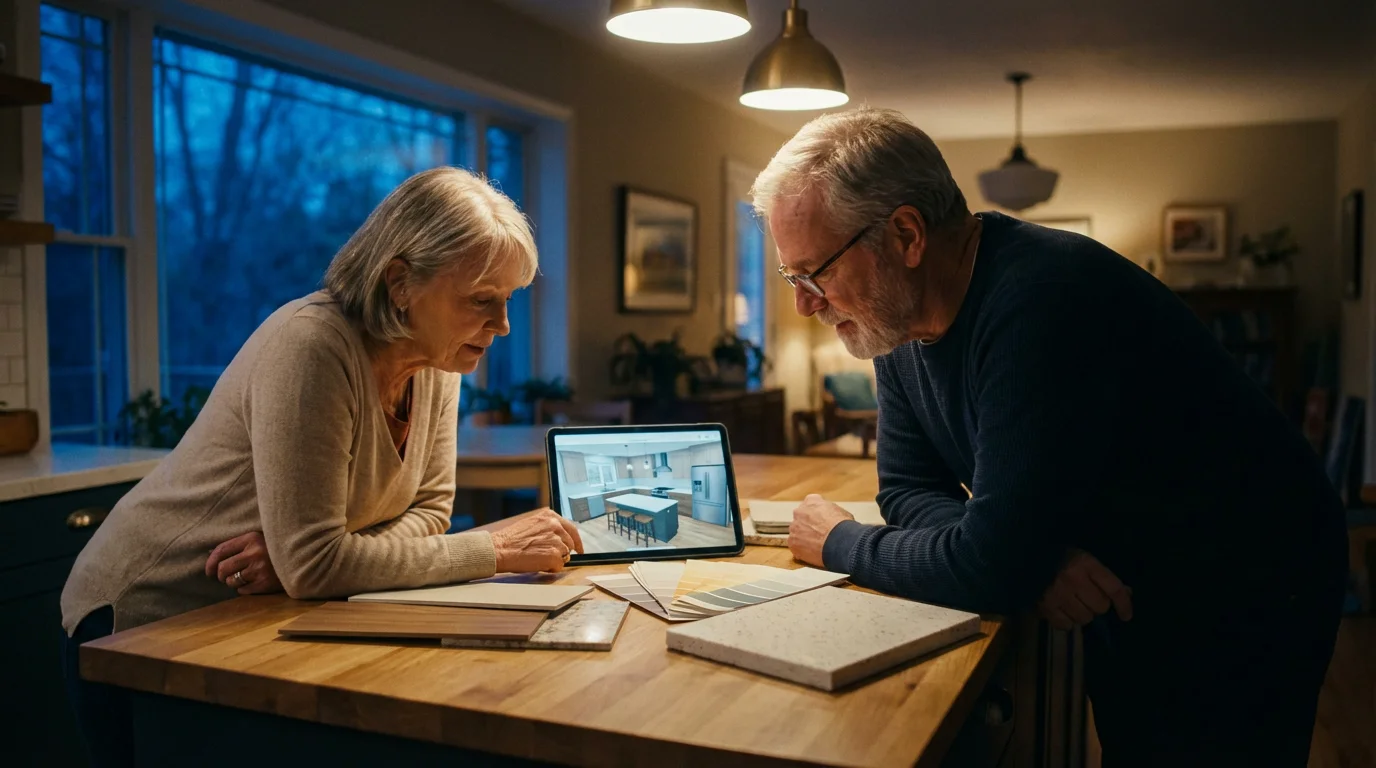 Senior couple planning a kitchen renovation with a tablet and material samples at dusk.
