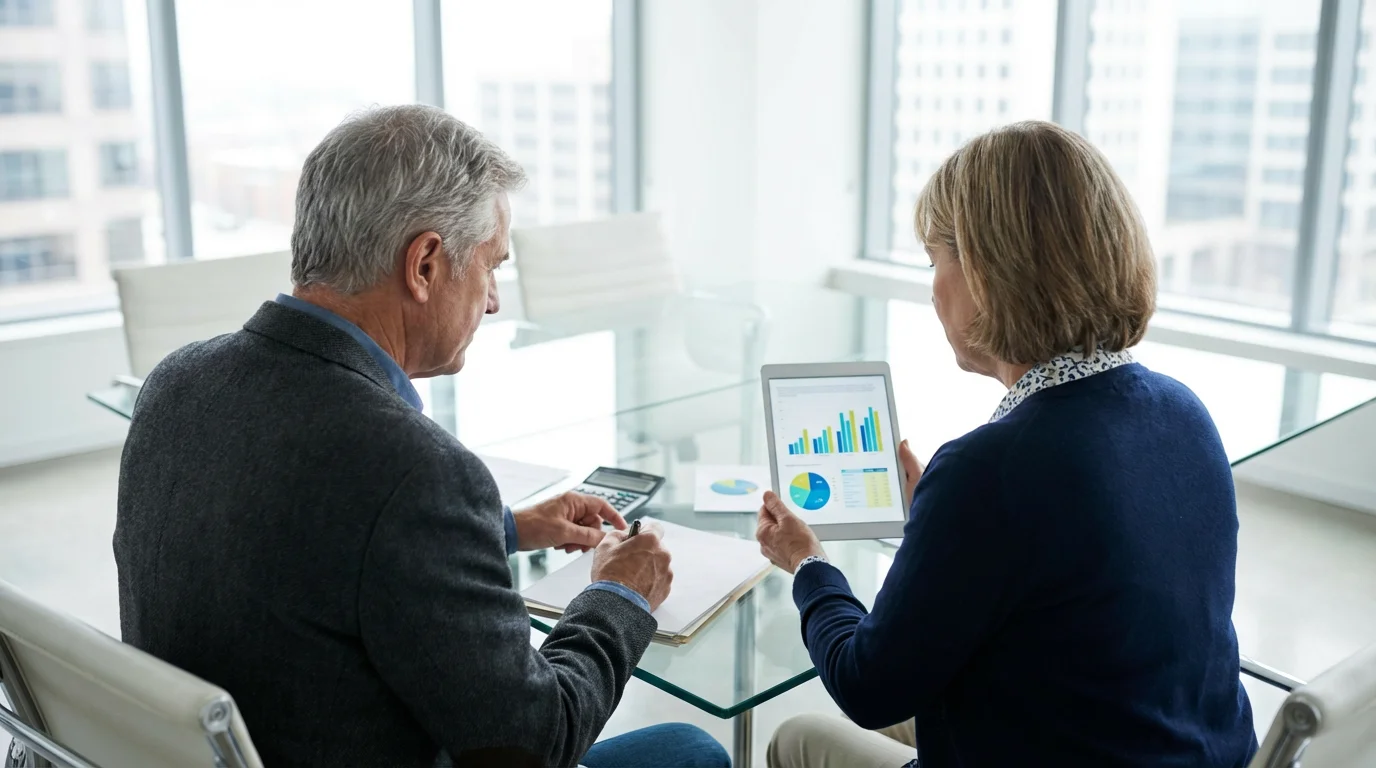 Senior couple plans franchise investment with charts and documents in a bright meeting room.