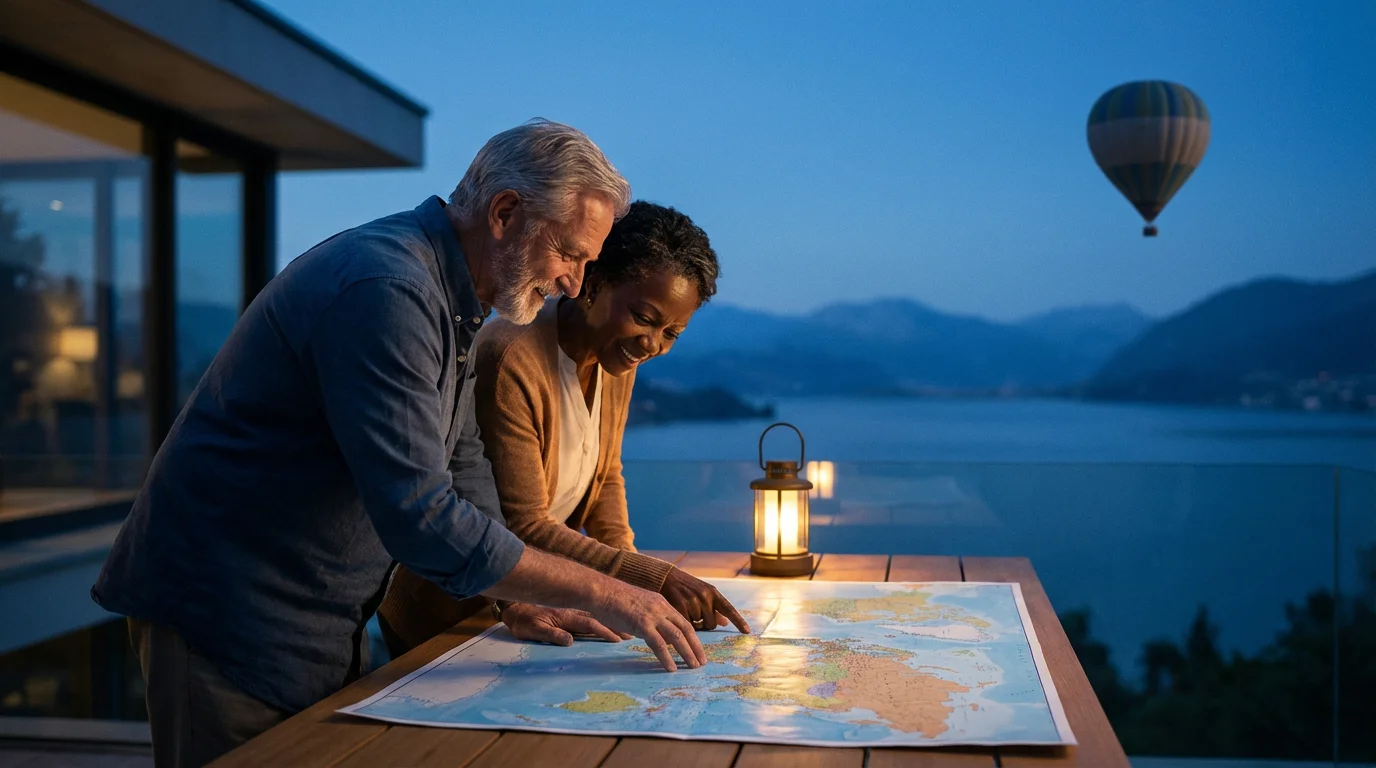 Senior couple viewed from over-the-shoulder, planning adventures on a world map at dusk.