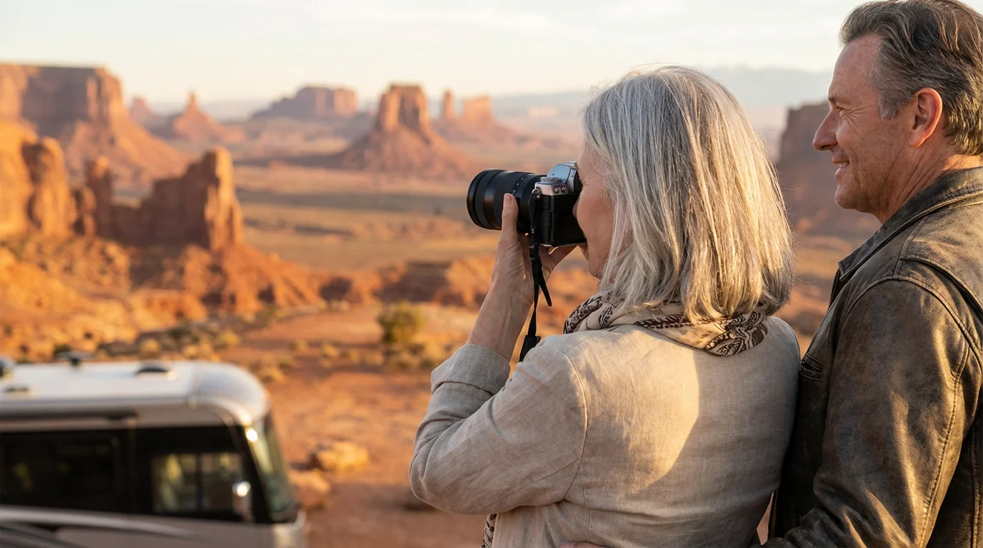Senior couple with a camera admiring a desert butte sunset during their RV road trip.