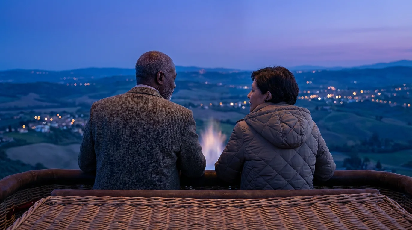 Senior couple's view from a hot air balloon basket looking over a landscape at dusk.