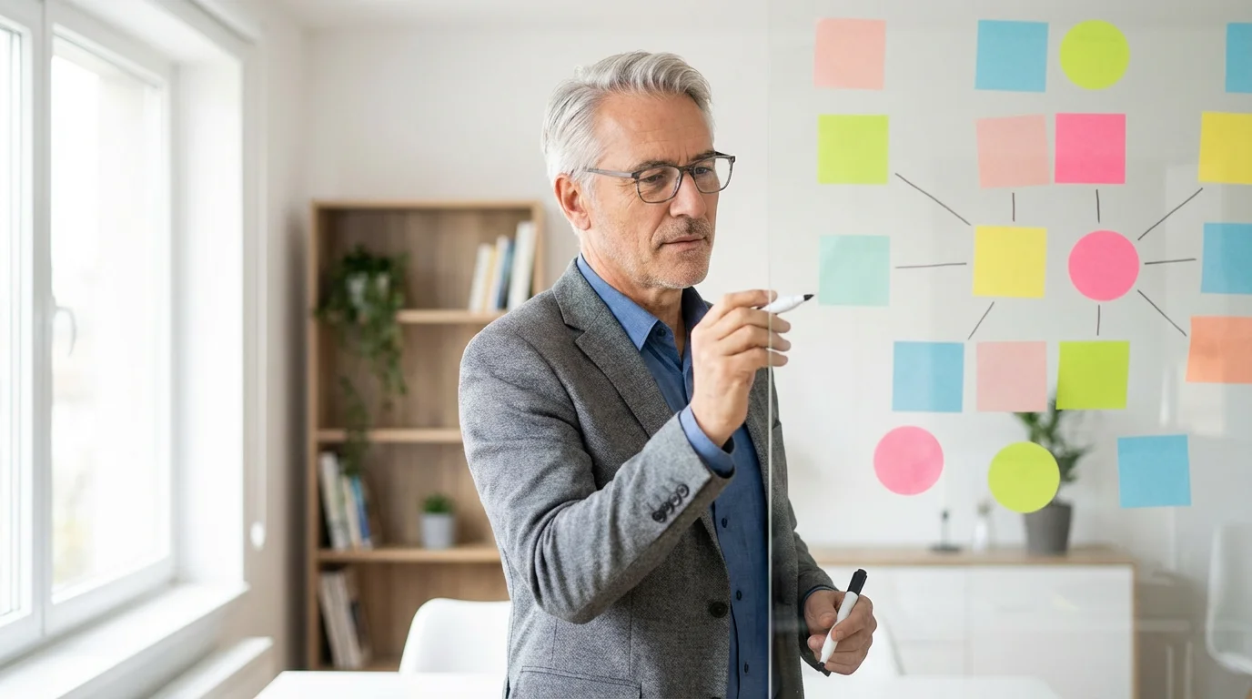 Senior male consultant planning a project workflow on a glass wall in his office.