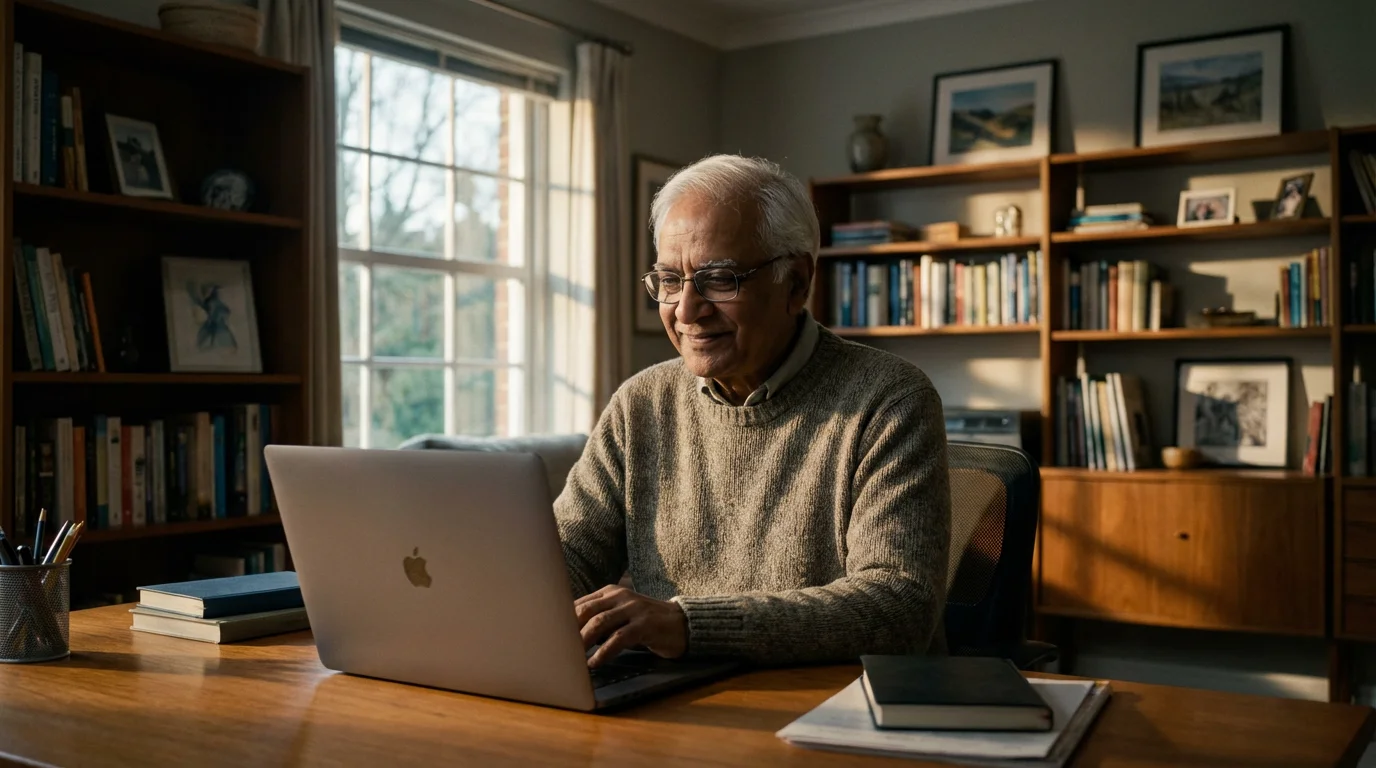 Senior man confidently using a laptop in his home study during the afternoon.