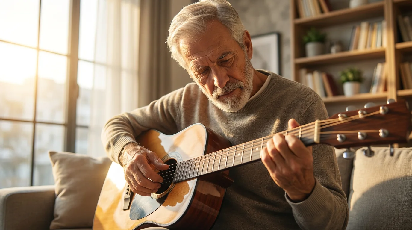 Senior man focused on learning acoustic guitar in a living room during golden hour.