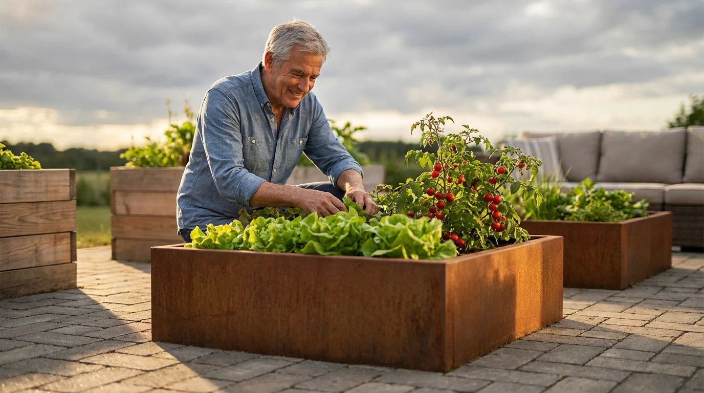 Senior man gardening at a modern, waist-high raised steel planter on a stone patio.