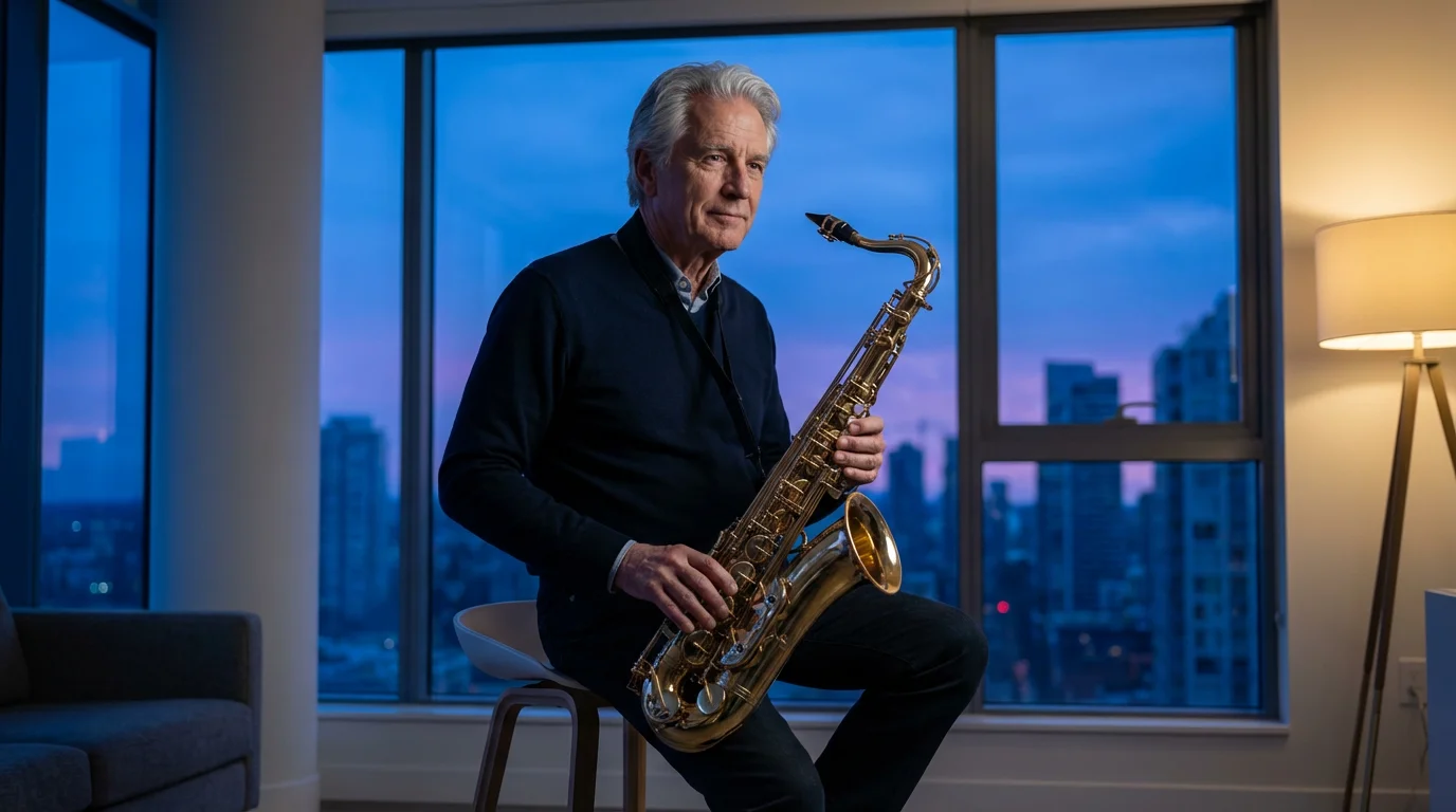 Senior man holding a tenor saxophone in a modern apartment during blue hour.