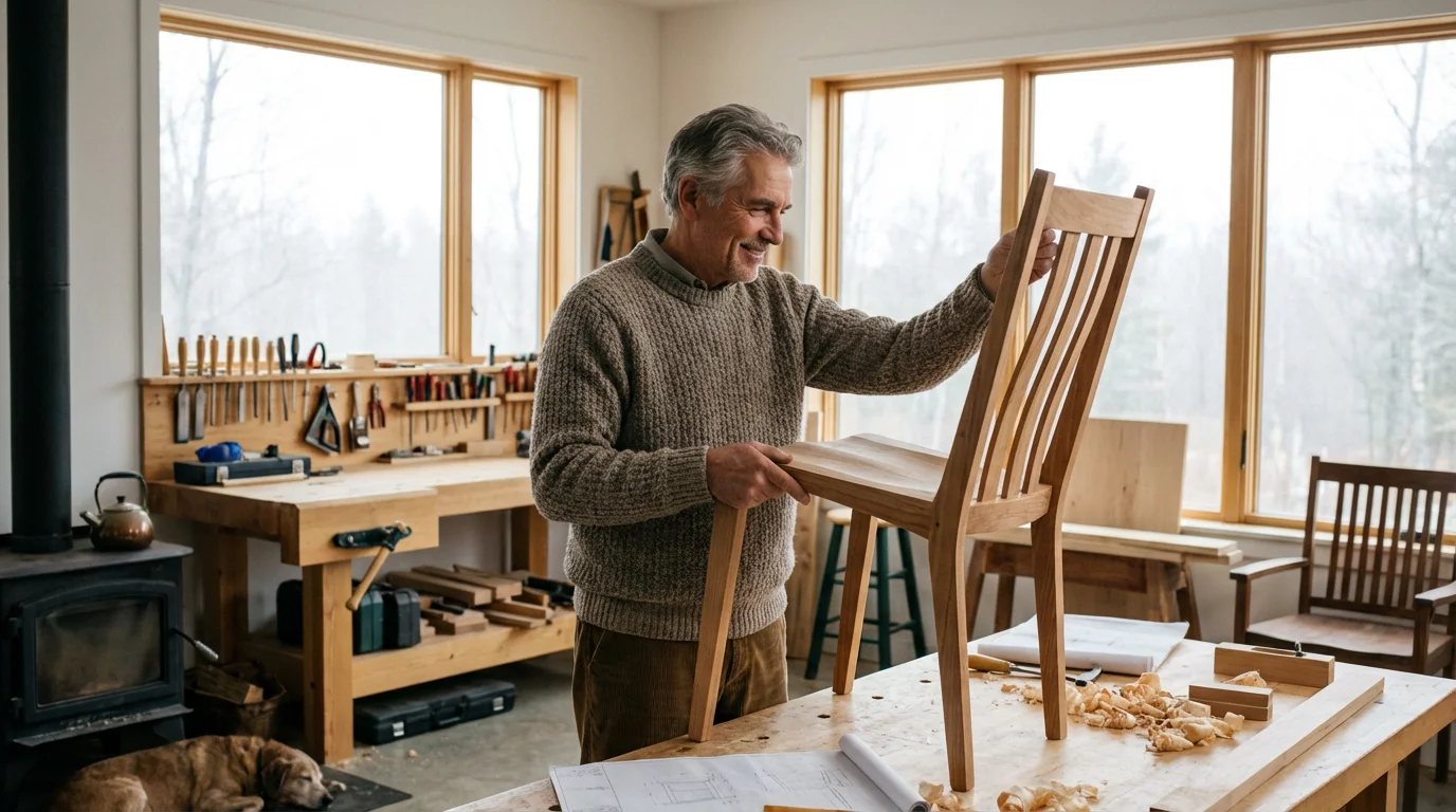 Senior man in a bright workshop, inspecting a handcrafted wooden chair he is making.