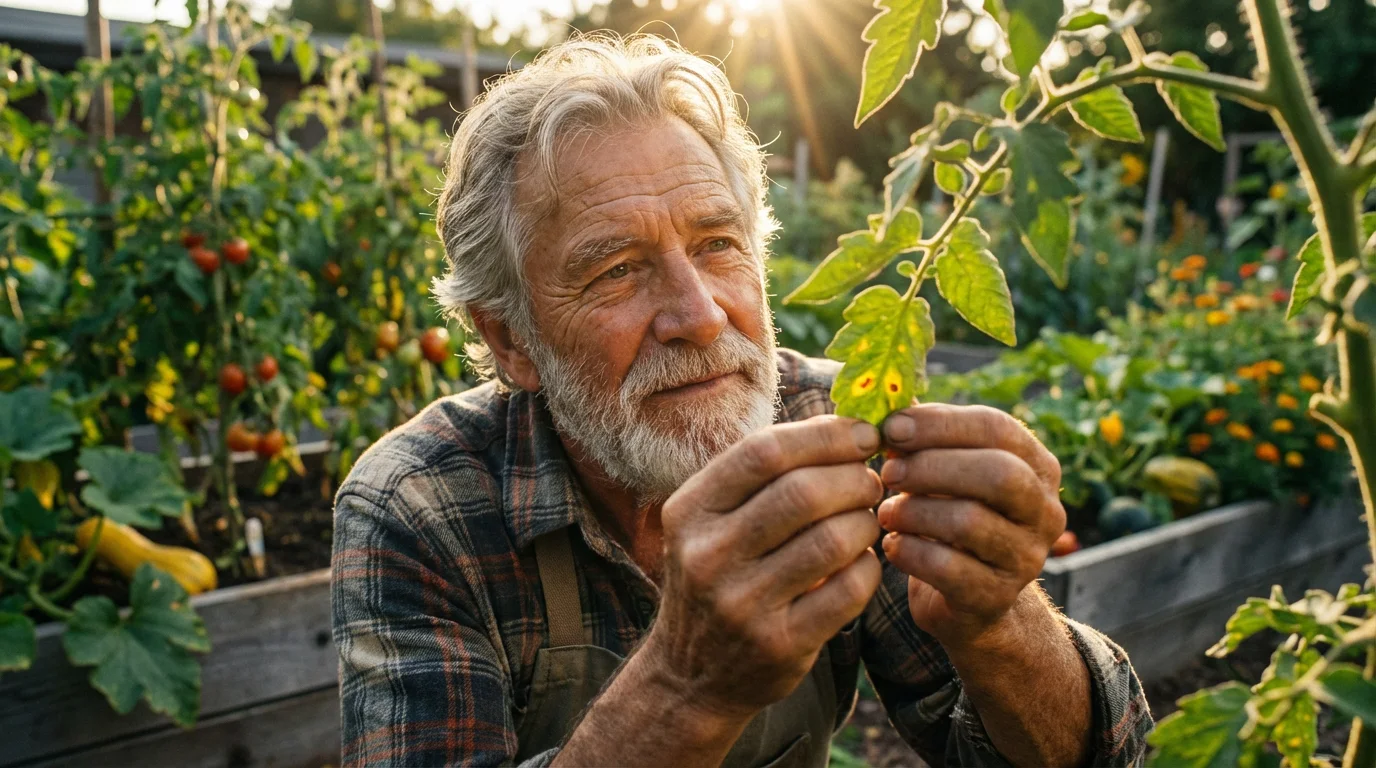 Senior man in a garden at golden hour, inspecting a tomato plant leaf.