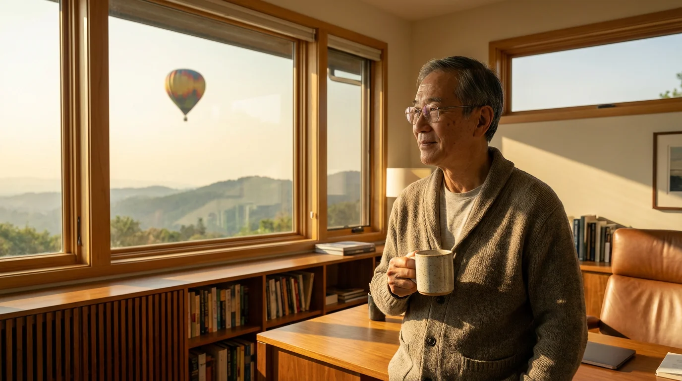 Senior man in a home study looking out a window at a distant hot air balloon.