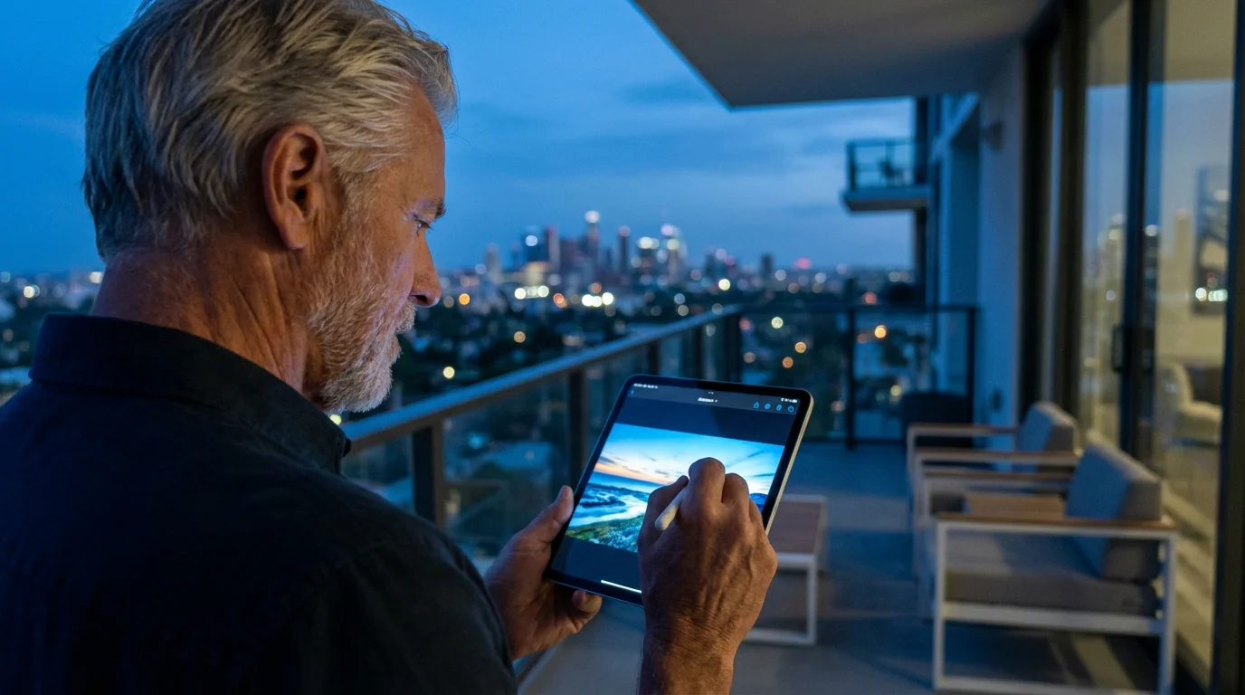 Senior man learning digital photo editing on a tablet at dusk on a city balcony.